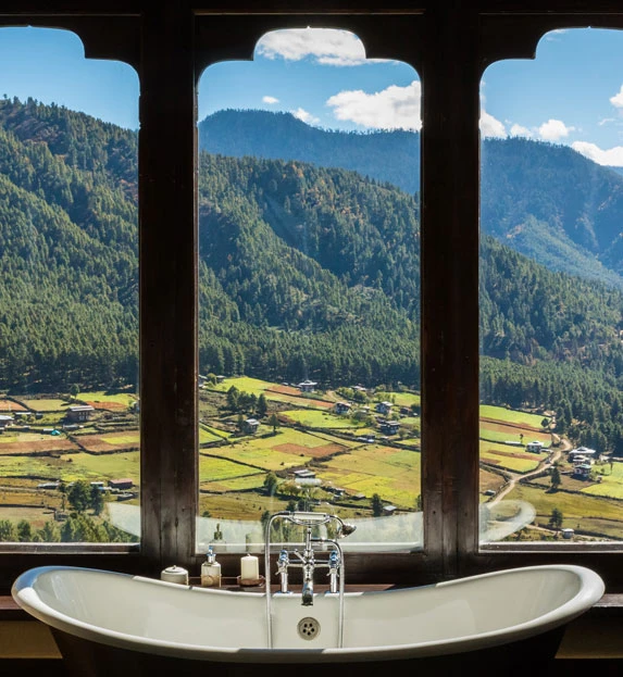 Views from bathtub at Gangtey Lodge in Bhutan