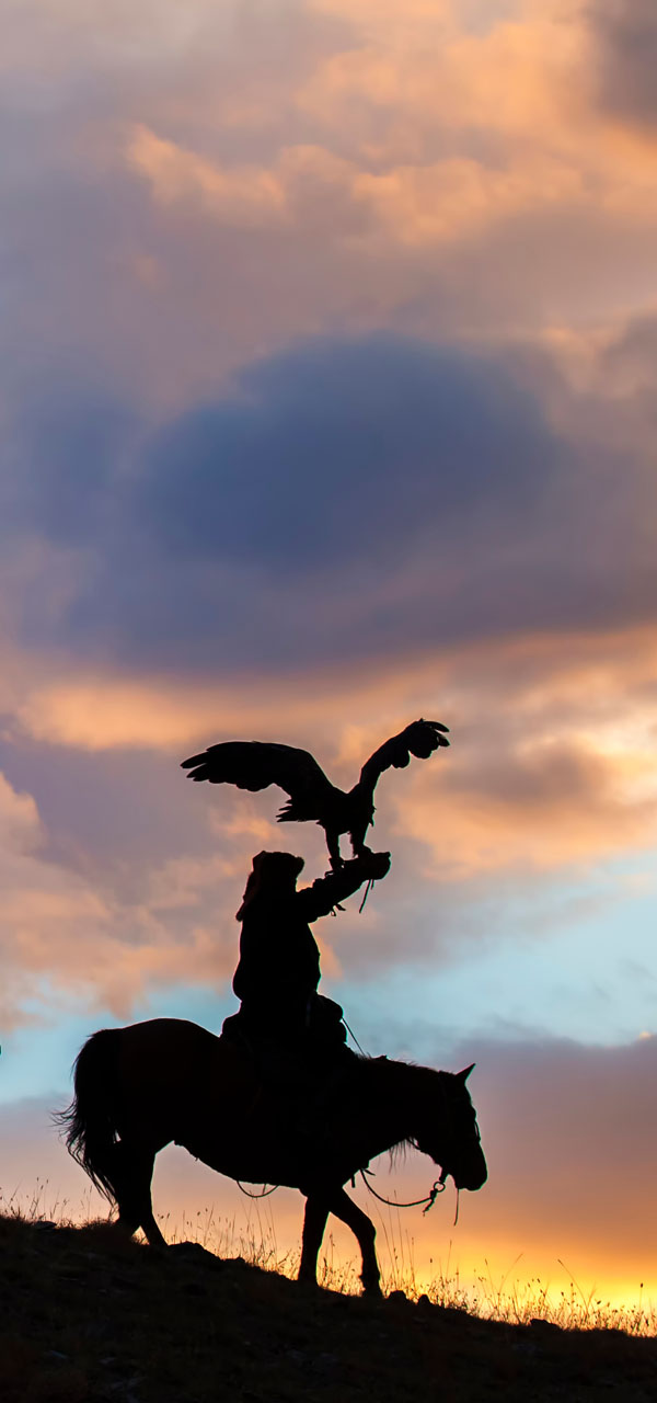 Silhouette of Mongolian Eagle Hunters