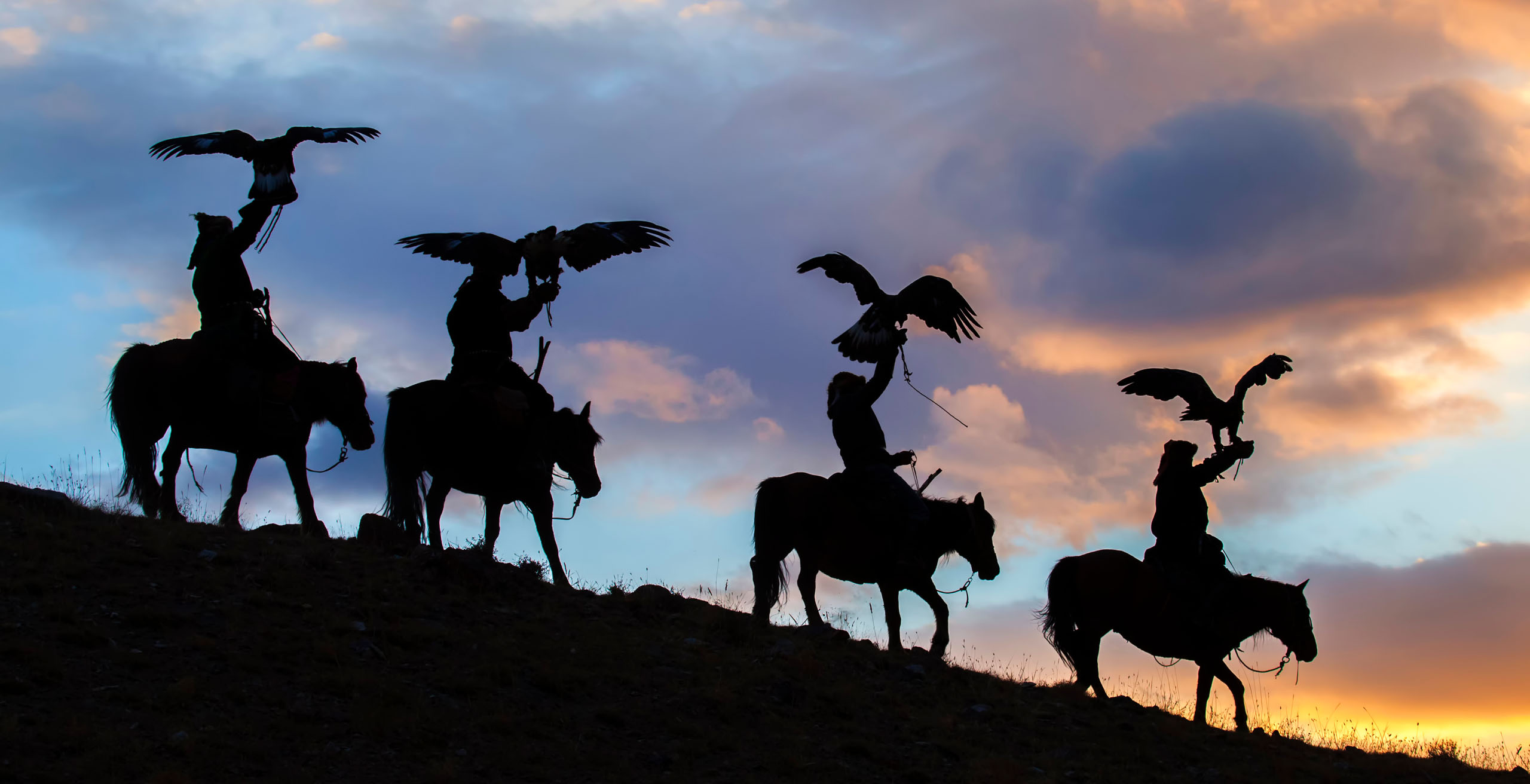 Silhouette of Mongolian Eagle Hunters