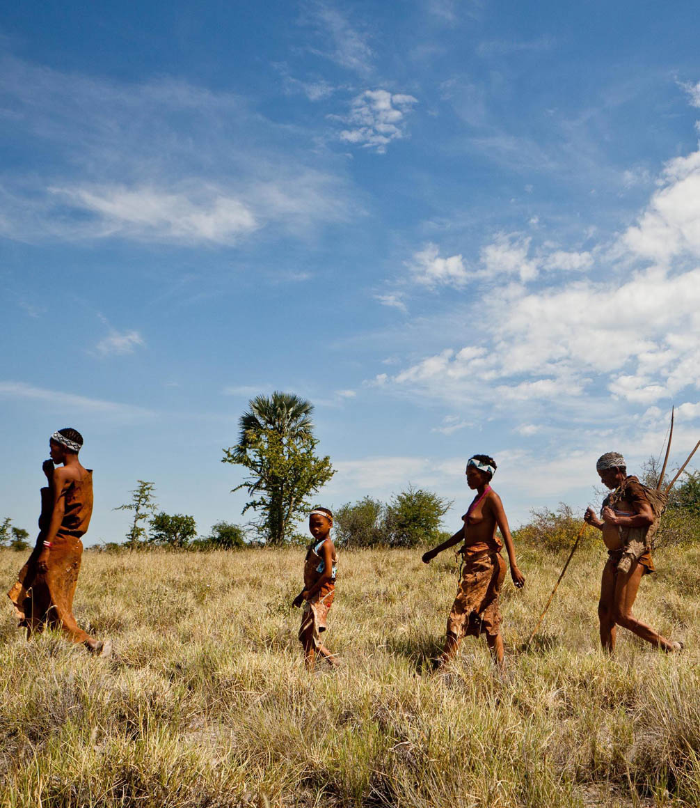 walking members of the san tribe of the kalahari desert