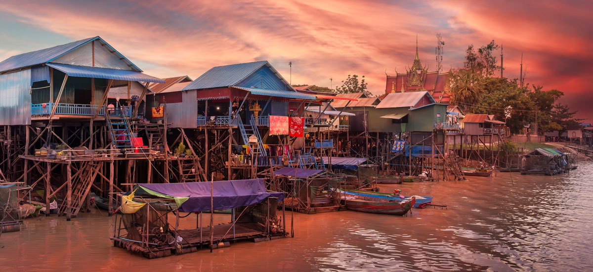 Landscape with floating village on the water of Tonle Sap lake, Cambodia country