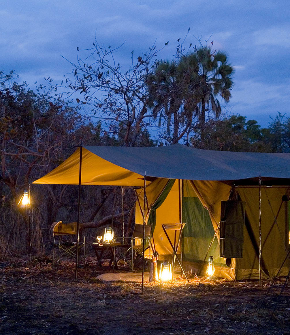 guest tent in bushcamp in south luangwa national park on a walking safari